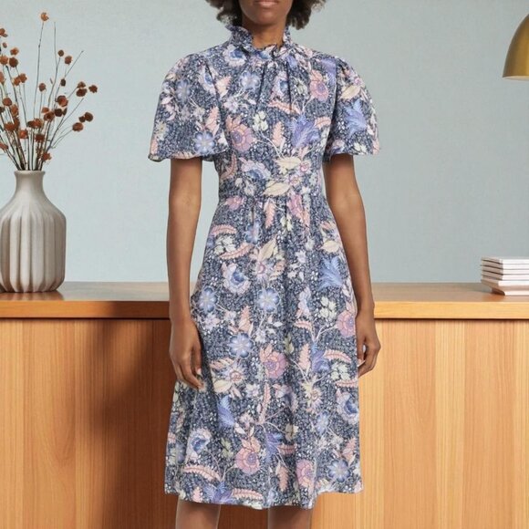 Elegant Floral Midi Dress - Blue and Pink - Picture 5 of 10